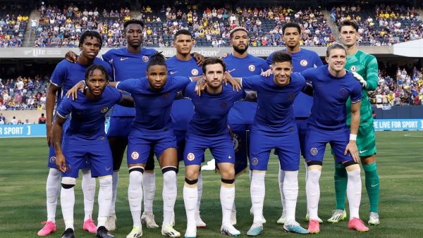 Chelsea players pose for a team photo ahead of a pre-season friendly football match between Chelsea FC and Borussia Dortmund BVB at Soldier Field in Chicago, Illinois, on August 2, 2023. (Photo by KAMIL KRZACZYNSKI / AFP)