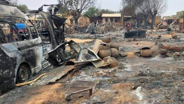 This picture taken on September 1, 2023 shows a view of destruction in a livestock market area in al-Fasher, the capital of Sudan's North Darfur state.(Photo by AFP) Darfur