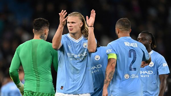 Manchester City's Norwegian striker #09 Erling Haaland celebrates at the end of the UEFA Champions League Group G football match between Manchester City and FC Crvena Zvezda (Red Star Belgrade) at the Etihad Stadium in Manchester, north west England, on September 19, 2023. Manchester City wins 3 - 1 against FC Crvena Zvezda (Red Star Belgrade). (Photo by Paul ELLIS / AFP)
