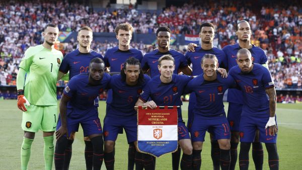 The Netherlands team pose for a photograph prior to the UEFA Nations League semi final football match between the Netherlands and Croatia at the De Kuip Stadium in Rotterdam on June 14, 2023. (Photo by Kenzo TRIBOUILLARD / AFP)