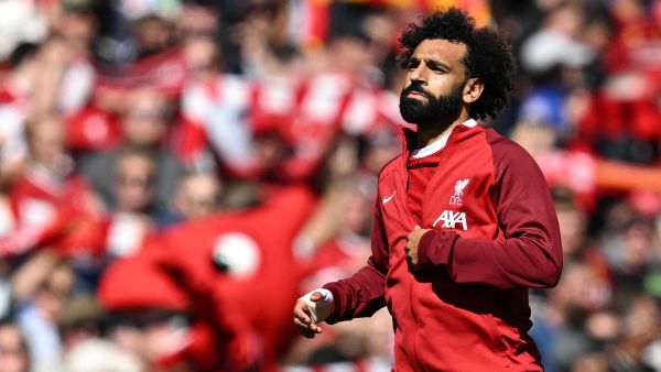 Liverpool's Egyptian striker #11 Mohamed Salah reacts prior to the English Premier League football match between Liverpool and Aston Villa at Anfield in Liverpool, north-west England on September 3, 2023. (Photo by Paul ELLIS / AFP)