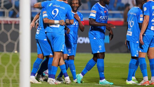 Hilal's Serbian forward #09 Aleksandar Mitrovic celebrates after scoring his team's second goal during the Saudi Pro League football match between Al-Hilal and Al-Shabab at Prince Faisal Bin Fahd Stadium in Riyadh on September 29, 2023. (Photo by Fayez NURELDINE / AFP)