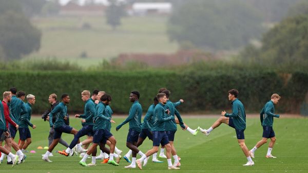 Arsenal's Japanese defender #18 Takehiro Tomiyasu (2R) attends a team training session at Arsenal's training ground in north London on September 19, 2023, ahead of their UEFA Champions League Group B football match against PSV Eindhoven. (Photo by Adrian DENNIS / AFP) Arsenal's Japanese defender #18 Takehiro Tomiyasu (2R) attends a team training session at Arsenal's training ground in north London on September 19, 2023, ahead of their UEFA Champions League Group B football match against PSV Eindhoven. (Photo by Adrian DENNIS / AFP)