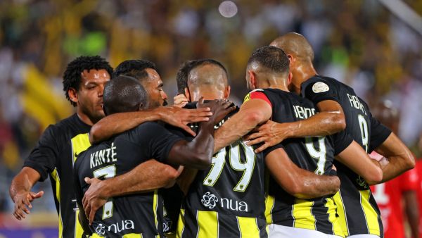 Ittihad's Moroccan forward #99 Abderrazak Hamdallah celebrates after scoring the third goal during the Saudi Pro League football match between Al-Ittihad and Al-Riyadh at the Prince Faisal Bin Fahd stadium in Riyadh on August 24, 2023. (Photo by Fayez NURELDINE / AFP)