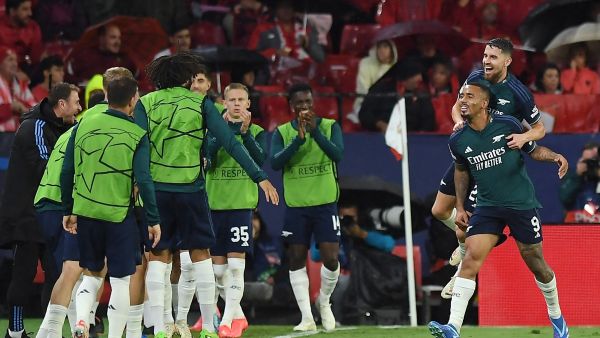Arsenal's Brazilian forward #09 Gabriel Jesus celebrates scoring his team's second goal during the UEFA Champions League 1st round day 3 Group B football match between Sevilla FC and Arsenal at the Ramon Sanchez Pizjuan stadium in Seville on October 24, 2023. (Photo by JORGE GUERRERO / AFP)