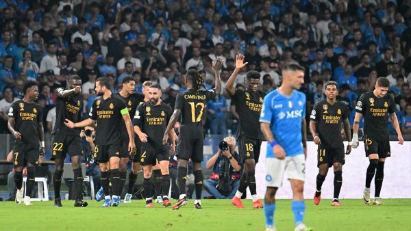 Real Madrid players celebrate their second goal during the UEFA Champions League 1st round day 2 Group C football match Napoli vs Real Madrid at the Diego Armando Maradona stadium in Naples on October 3, 2023. (Photo by Alberto PIZZOLI / AFP)