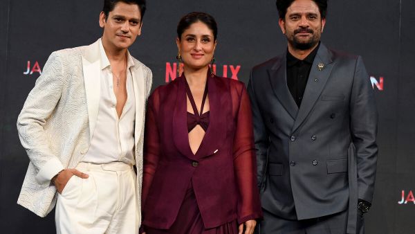 (L-R) Bollywood actors Vijay Varma, Kareena Kapoor Khan and Jaideep Ahlawat pose during the trailer launch of their upcoming Hindi-language movie 'Jaane Jaan' in Mumbai on September 5, 2023. (Photo by SUJIT JAISWAL / AFP)