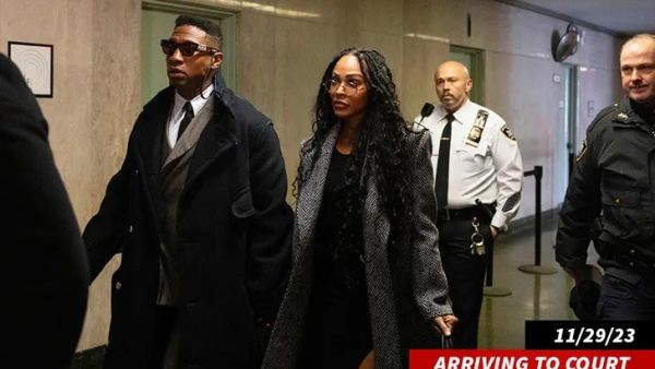 Jonathan Majors and Meagan Good at New York court during his assault trial. (Associated Press)
