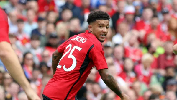 Manchester United's English striker Jadon Sancho makes a run during the pre-season friendly football match between Manchester United and Athletic Club Bilbao at the Aviva Stadium, in Dublin, on August 6, 2023. (Photo by Paul Faith / AFP)