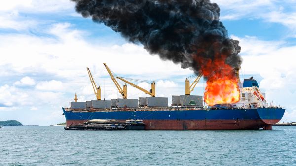 Large general cargo ship had a lot of fire and smoke