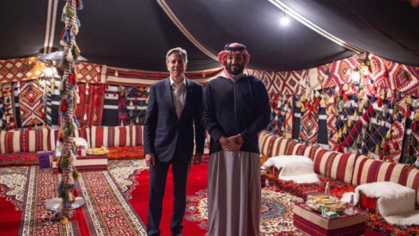 Saudi Crown Prince, MBS (R) and US Secretary of State, Antony Blinken in the Winter camp in Al-Ula today Monday, January 8, 2024