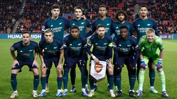 Arsenal's team players pose for a photograph ahead of a UEFA Champions League group B football match between PSV Eindhoven and Arsenal FC at the Philips Stadium in Eindhoven, on December 12, 2023. (Photo by KENZO TRIBOUILLARD / AFP) Arsenal's team players pose for a photograph ahead of a UEFA Champions League group B football match between PSV Eindhoven and Arsenal FC at the Philips Stadium in Eindhoven, on December 12, 2023. (Photo by KENZO TRIBOUILLARD / AFP)