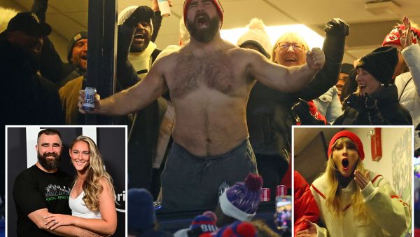 Jason Kelce's wife Kylie wasn't happy with shirtless partying at Chiefs-Bills game — but Taylor Swift 'loves' it. (X)
