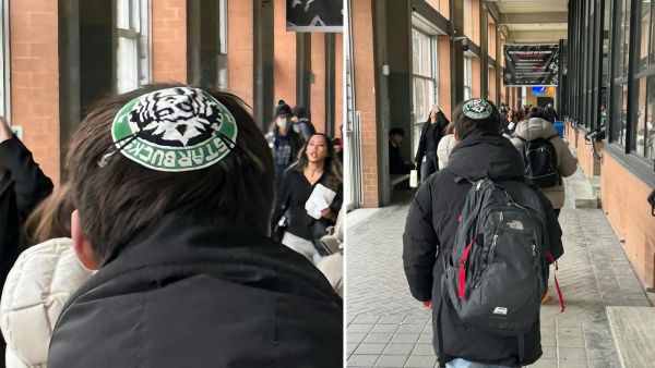 A Jewish man wearing a Kippah with a Starbucks logo. (Instagram/ @palestinian.videos)