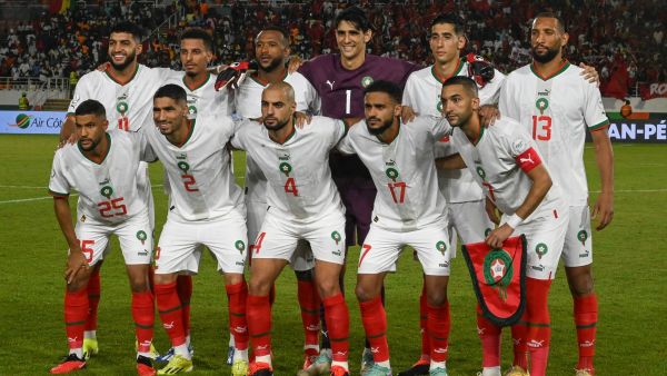 Morocco's players pose ahead of the Africa Cup of Nations (CAN) 2024 group F football match between Zambia and Morocco at the Stade Laurent Pokou in San Pedro on January 24, 2024. (Photo by SIA KAMBOU / AFP)
