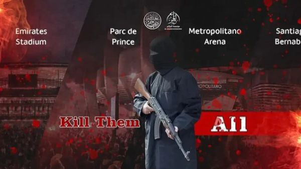A photo of a terrorist holding an AK-47 standing next to four stadiums hosting the Champions League games