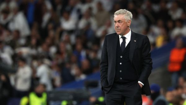 Real Madrid's Italian coach Carlo Ancelotti gestures on the sidelines during the UEFA Champions League quarter final first leg football match between Real Madrid CF and Manchester City at the Santiago Bernabeu stadium in Madrid on April 9, 2024. (Photo by Pierre-Philippe MARCOU / AFP) Real Madrid's Italian coach Carlo Ancelotti gestures on the sidelines during the UEFA Champions League quarter final first leg football match between Real Madrid CF and Manchester City at the Santiago Bernabeu stadium in Madrid on April 9, 2024. (Photo by Pierre-Philippe MARCOU / AFP)