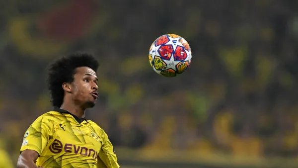 Dortmund's German forward #27 Karim Adeyemi heads the ball during the UEFA Champions League final football match between Borussia Dortmund and Real Madrid, at Wembley stadium, in London, on June 1, 2024. (Photo by Glyn KIRK / AFP)