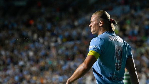 Manchester City's Norwegian striker #09 Erling Haaland celebrates scoring his team's third goal during the 2024 FC Series pre-season friendly football match between Manchester City and Celtic at the Kenan Memorial Stadium in Chapel Hill, North Carolina, July 23, 2024. (Photo by Peter Zay / AFP)