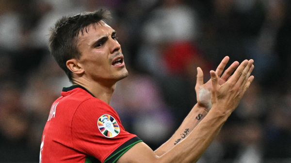 Portugal's midfielder #06 Joao Palhinha reacts to a missed chance during the UEFA Euro 2024 round of 16 football match between Portugal and Slovenia at the Frankfurt Arena in Frankfurt am Main on July 1, 2024. (Photo by JAVIER SORIANO / AFP)