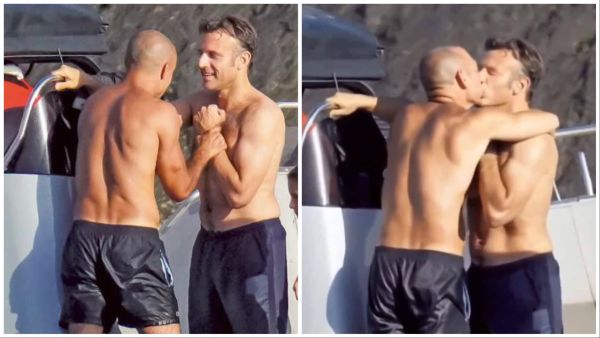 Screenshot of the video that allegedly shows President Emmanuel Macron kissing another man. (X/@M0SC0W0)