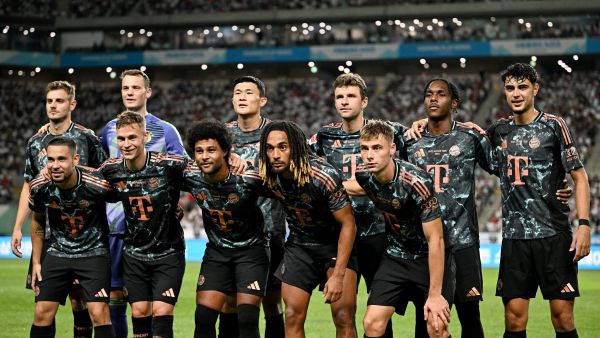 Players from Bayern Munich pose for a team photo before a friendly football match between Tottenham Hotspur and Bayern Munich at the Seoul World Cup Stadium in Seoul on August 3, 2024. (Photo by Anthony WALLACE / AFP)