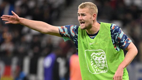 Netherlands' defender #03 Matthijs De Ligt reacts during the warm up prior to the friendly football match between Germany and Netherlands in Frankfurt, western Germany, on March 26, 2024. (Photo by Kirill KUDRYAVTSEV / AFP)