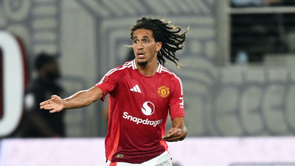 Former Manchester United midfielder #46 Hannibal Mejbri gestures during the pre-season club friendly football match between Manchester United and Real Betis at SnapDragon Stadium in San Diego, California, on July 31, 2024. (Photo by Patrick T. Fallon / AFP)