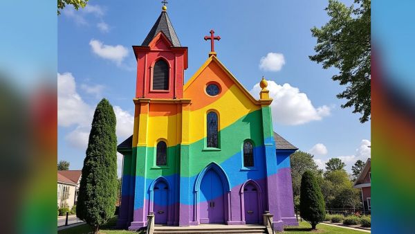 Church with Pride flag colors