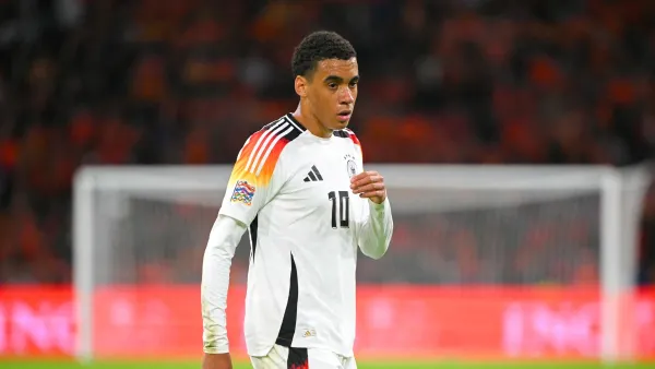Germany's midfielder #10 Jamal Musiala looks on during the UEFA Nations League football match between Netherlands and Germany at the Johan Cruyff Arena in Amsterdam, on September 10, 2024. (Photo by NICOLAS TUCAT / AFP)