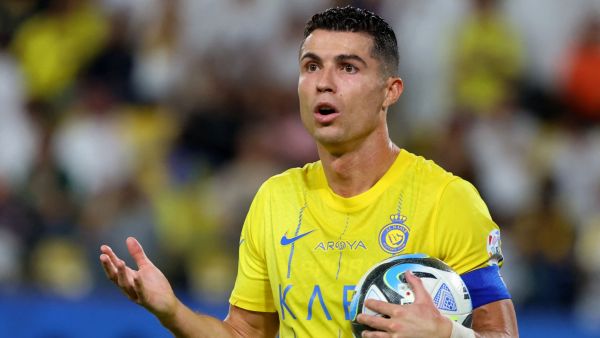 Nassr's Portuguese forward #07 Cristiano Ronaldo reacts during the Saudi Pro League football match between Al-Ittihad and Al-Nassr at the King Saud University Stadium in Riyadh on May 27, 2024. (Photo by Fayez NURELDINE / AFP)
