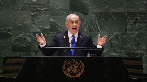 Israeli Prime Minister Benjamin Netanyahu speaks during the 79th Session of the United Nations General Assembly at the United Nations headquarters in New York City on September 27, 2024.  (Photo by Charly TRIBALLEAU / AFP) Netanyahu