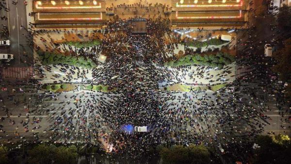 **Caption Suggestion:**   Mass protest in Tbilisi against the results of the 2024 parliamentary elections, October 28, 2024. Mass protests in Georgia