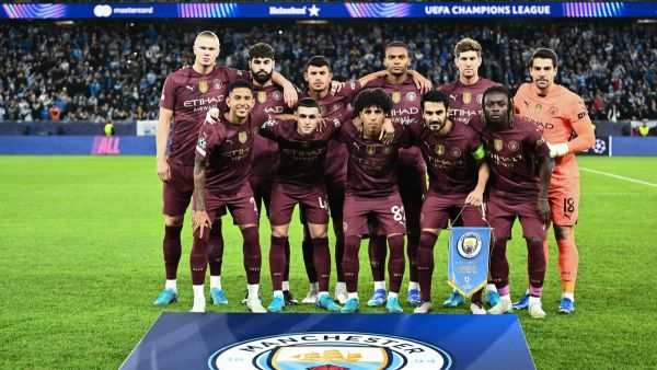 Manchester City's players pose for a team photo prior to the UEFA Champions League football match between SK Slovan Bratislava and Manchester City in Bratislava, Slovakia on October 1, 2024. (Photo by Joe Klamar / AFP)