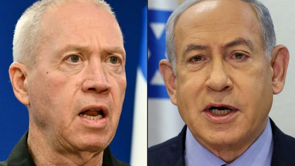Israel's Defence Minister Yoav Gallant (L) during a press conference in Tel Aviv on December 18, 2023 and Prime Minister Benjamin Netanyahu addressing a cabinet meeting at the Israeli Ministry of Defence in Tel Aviv on December 31, 2023. The International Criminal Court's prosecutor Karim Khan said on May 20, 2024, that he had applied for arrest warrants for alleged war crimes of top Israeli and Hamas leaders, including Netanyahu and Gallant. (Photo by Alberto PIZZOLI and ABIR SULTAN / various sources / AFP) AFP