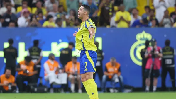 Nassr's Portuguese forward #07 Cristiano Ronaldo celebrates scoring his team's first goal during the Saudi Pro League football match between Al-Nassr and Al-Orobah at Al-Awwal Park in Riyadh on October 5, 2024. (Photo by Fayez NURELDINE / AFP)