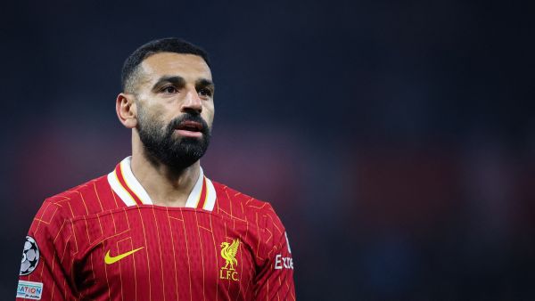 Liverpool's Egyptian striker #11 Mohamed Salah reacts during the UEFA Champions League football match between RB Leipzig and Liverpool FC in Leipzig, eastern Germany on October 23, 2024. (Photo by Ronny Hartmann / AFP)