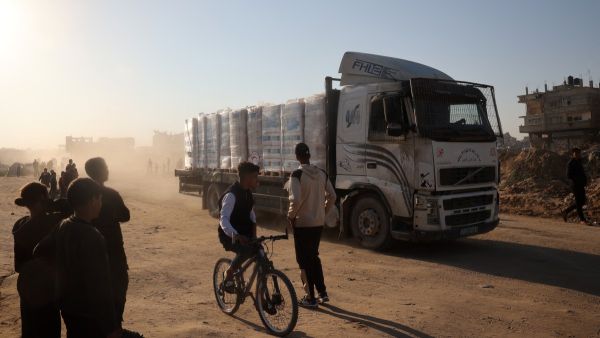 Since a ceasefire in the war in Gaza took effect on January 19, truckloads of aid have been allowed into the war-ravaged Palestinian territory. (Photo by Eyad BABA / AFP)