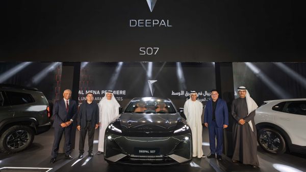 Ashok Khanna, Chief Executive Officer, Al Tayer Motors, Xiao Feng, General Manager Changan Middle East & Africa Unit, Saeed Humaid Al Tayer, Managing Director, Al Tayer Motors, Obaid Humaid Al Tayer, Chairman, Al Tayer Group, Peng Tao, Executive Vice President, Changan Automobile, and Matar Humaid Al Tayer, Vice Chairman, Al Tayer Group. Al Tayer Motors Unveils Deepal Electric Vehicles In The Uae