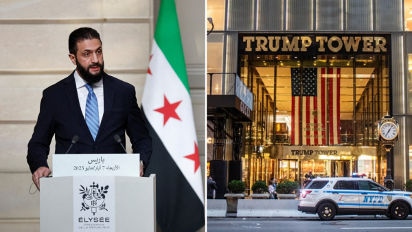 Syrian President Ahmed al-Sharaa speaks during a joint press conference with French President after a meeting at the Elysee Palace in Paris, on May 7, 2025. (Photo by Stephanie Lecocq / POOL / AFP)/ Trump Tower, 725 5th Ave, New York, NY 10022, United States, 31 August 2024. (Shutterstock)  Ahmed al-Sharaa
