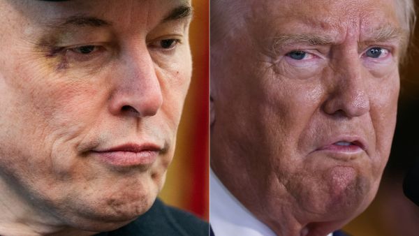 This combination of photographs created on June 06, 2025, shows (FILES) Elon Musk looking on during a news conference with US President in the Oval Office of the White House in Washington, DC, on May 30, 2025 and (FILES) US former President and Republican presidential candidate Donald Trump speaking during a press conference at Trump Tower in New York City on September 6, 2024. AFP Elon Musk slams GOP as "porky pig party"