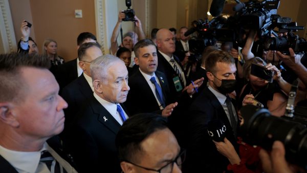 WASHINGTON, DC - JULY 09: Israeli Prime Minister Benjamin Netanyahu speaks to reporters before going to a meeting with Senators in the U.S. Capitol on July 09, 2025 in Washington, DC. Netanyahu is visiting Washington to meet with lawmakers amid discussions with the White House over a potential ceasefire between Israel and Hamas.(Photo by Anna Moneymaker / GETTY IMAGES NORTH AMERICA / Getty Images via AFP) Fears of Netanyahu's assassination by Yemen prompt tightened security measures