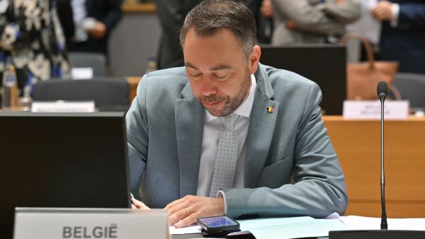 Belgium's Deputy Prime Minister and Minister of Foreign Affairs, European Affairs and Development Cooperation Maxime Prevot takes notes prior to the start of an European Union Foreign Affairs Council Meeting at The Europa Building in Brussels on March 17, 2025. (Photo by NICOLAS TUCAT / AFP) Belgium