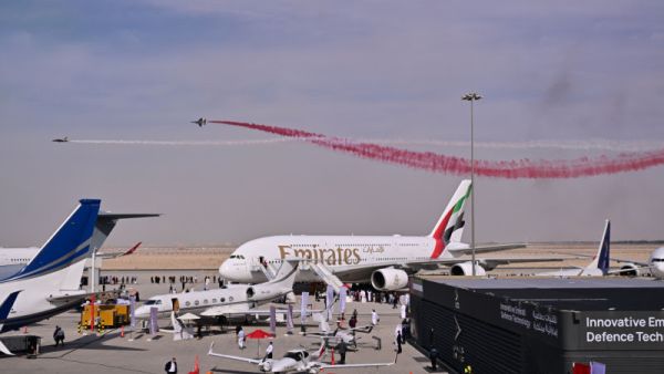 The Emirates A350 makes its flypast debut at the 2025 Dubai Airshow