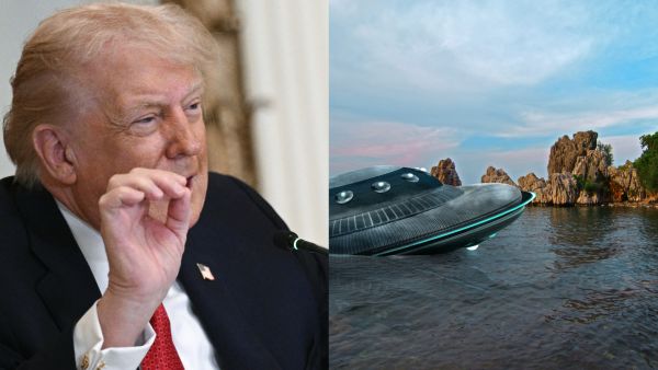 UFO, broken space saucer lies in the water on the banks of a sea or lake