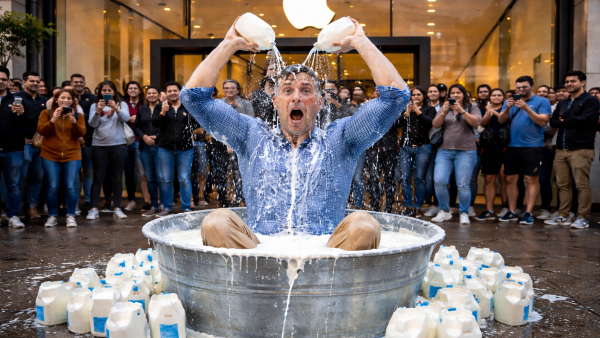 رجل يستحم بالحليب أمام متجر آبل 