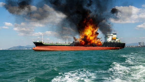حريق في سفينة شحن. سفينة محمّلة بالغاز المسال تلتهمها النيران. انفجار وحريق.