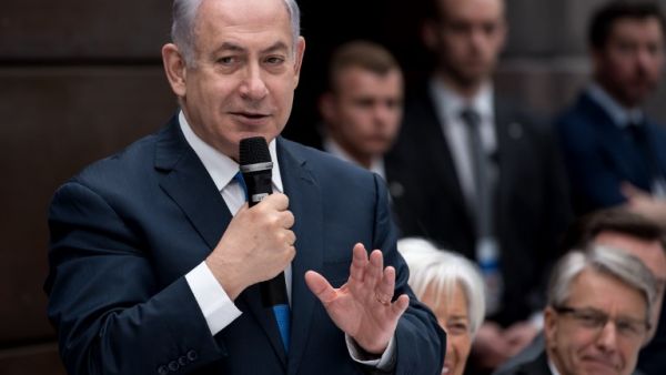 Israeli Prime Minister Benjamin Netanyahu addresses actors of the economic sector during a lunch as part of the 54th Munich Security Conference, on Feb. 16, 2018 in Munich. Global security chiefs and top diplomats attend the annual Munich Security Conference running until Feb. 18, 2018 to discuss Syria, Ukraine and other international conflicts and crises.
(Sven Hoppe / DPA / AFP)
