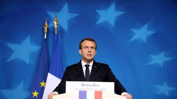 (FILES) French President Emmanuel Macron gestures as he addresses a press conference at the end of the European Council summit in Brussels on Feb. 23, 2018. 
(Ludovic MARIN / AFP)