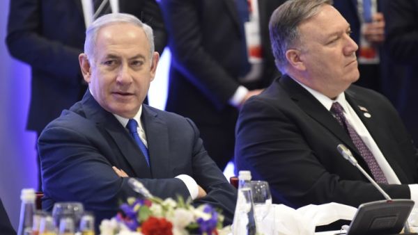 Israel's Prime Minister Benjamin Netanyahu (L) and US Secretary of State Mike Pompeo attend the conference on Peace and Security in the Middle East in Warsaw, on February 14, 2019. 
Janek SKARZYNSKI / AFP